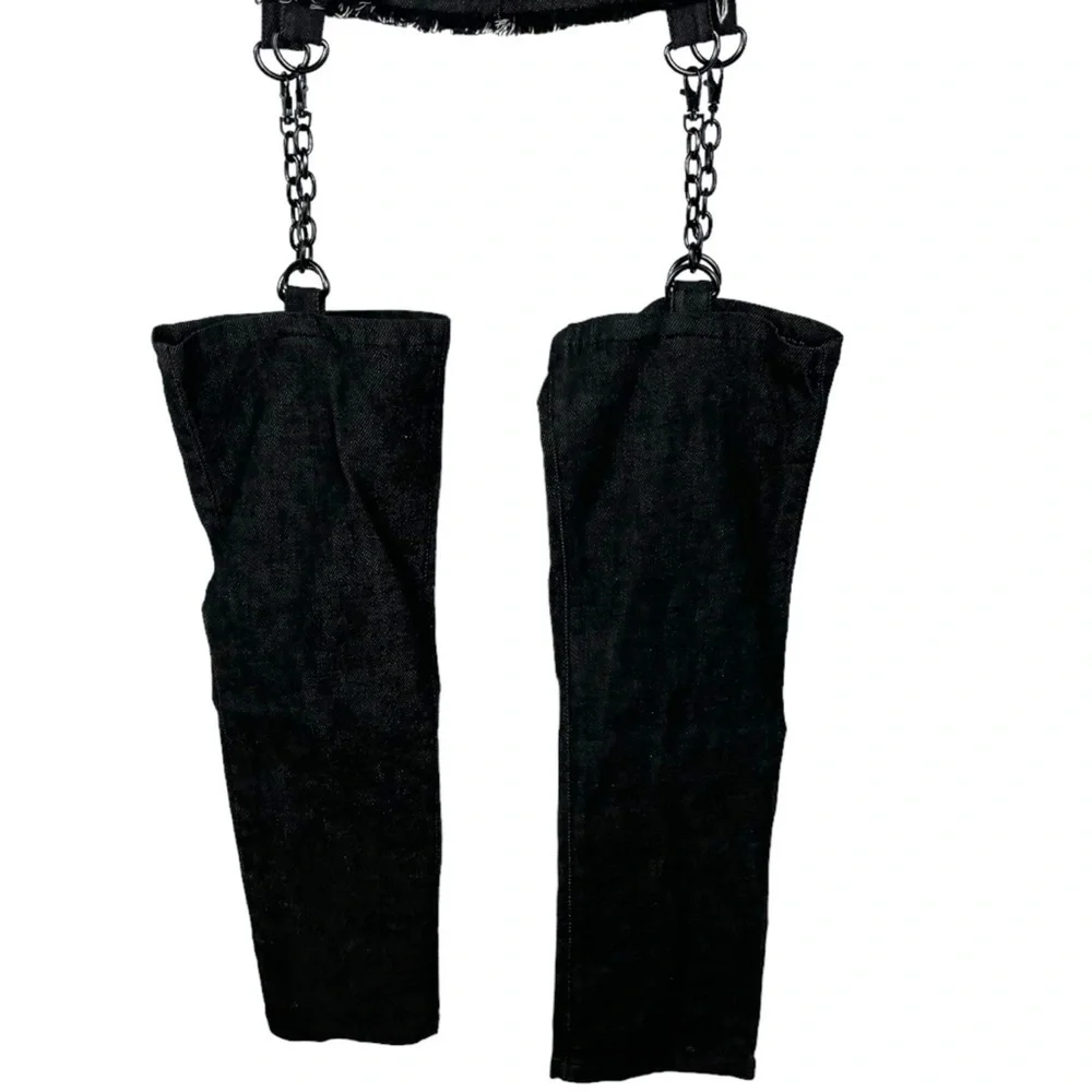 DOLLS KILL DARKER WAVS BLACK WASHED CARGO MINI SKIRT CHAIN GARTER LEG WARMERS - Picture 5 of 12